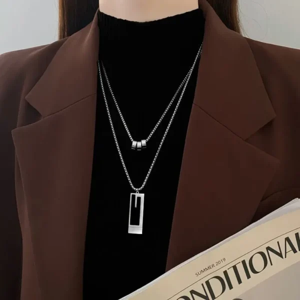 LATS Double-layer Square Pendant Stainless Steel Necklace for Womens Gold Color Exquisite Sweater Chain 2023 New Fashion Jewelry - Image 4