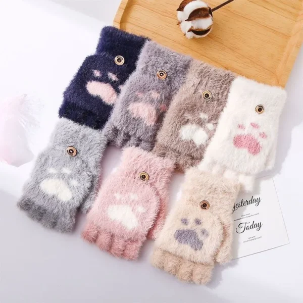 Thicken Women Warm Cat Gloves Fashion Girls Cat Claw Paw Plush Mittens Soft Plush Short Fingerless Half Finger Winter Gloves - Image 2