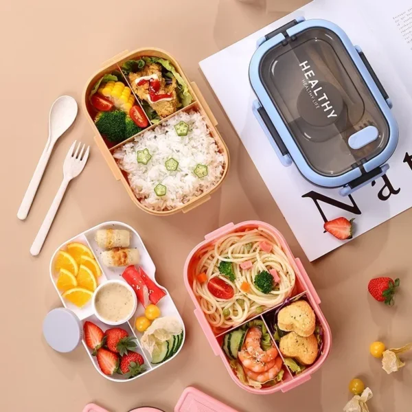 Lunch Box with Tableware for Office Workers Square Divided Microwave Oven Bento Box Leakproof Food Container for Picnic Camping - Image 2