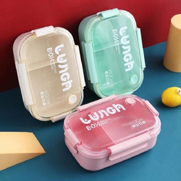 1100ml Wheat Straw Lunch Box, Student Lunch Box, Sealed/Divided Lunch Box with Tableware, Can be Microwave Heated - Image 3