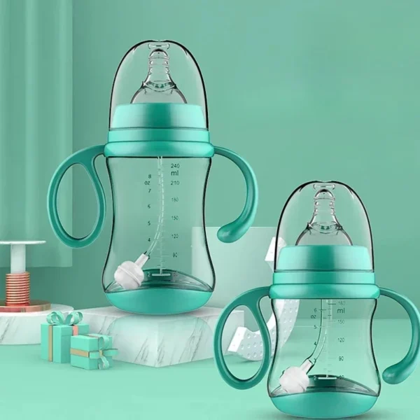 Baby Silicone Feeding Bottles Infant Drop-proof Milk Bottle with Straw Child Anti-hot Handle Drinking Bottle Baby Milk Feeding