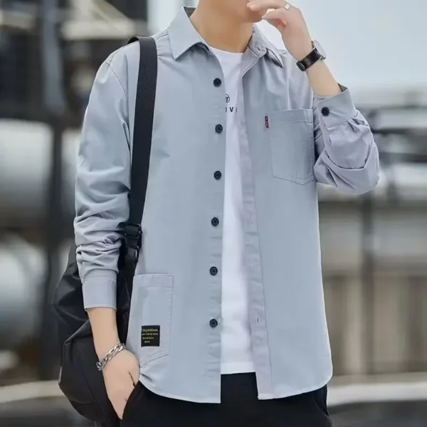 Men's Spring Casual Loose-fit Solid Color Workwear Shirt Jacket Trendy Streetwear For Teens