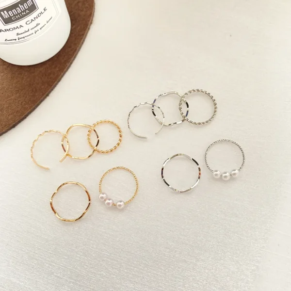 5pcs/set Rings for Women Simple Three Pearl Wavy Metal Twist Combination Joint Ring Trendy Personality Golden Party Jewelry Gift - Image 6