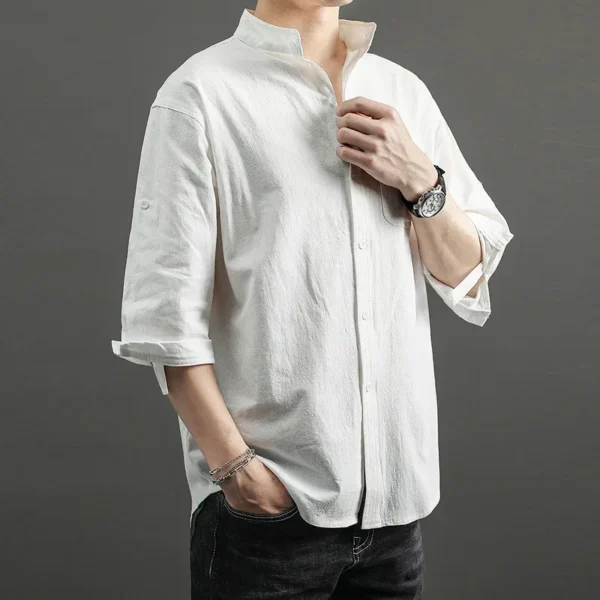 2023 Summer Cotton Linen Shirt 3/4 Sleeves Men's Thin Style Japanese Factory Wholesale Loose Fit European Collar Men's Shirt - Image 2