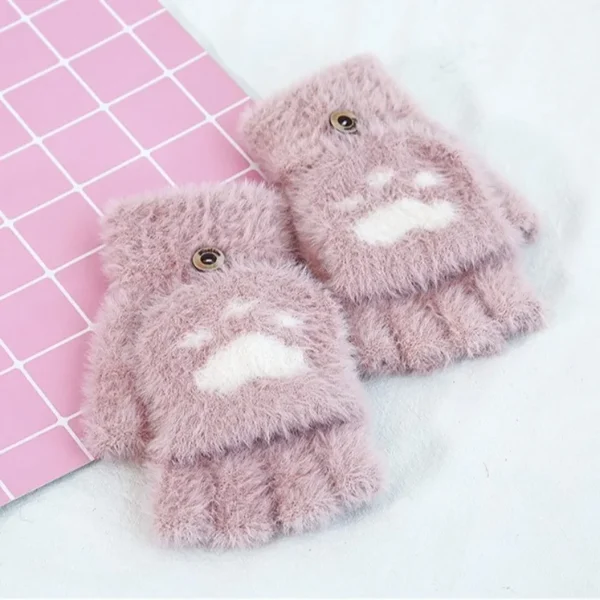 Thicken Women Warm Cat Gloves Fashion Girls Cat Claw Paw Plush Mittens Soft Plush Short Fingerless Half Finger Winter Gloves - Image 6