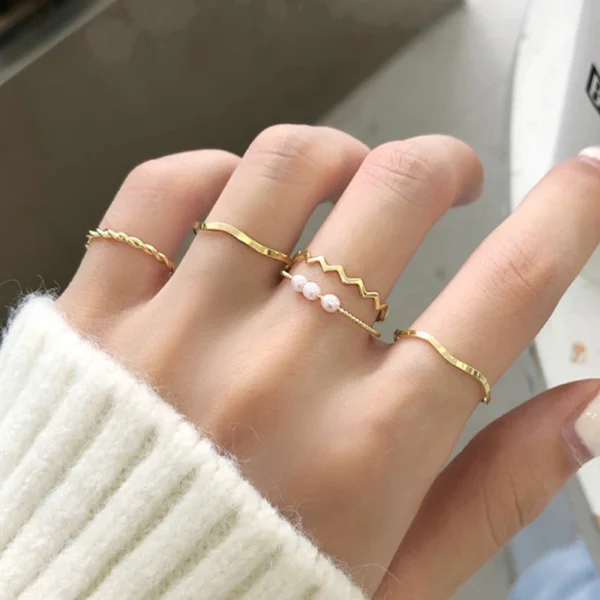 5pcs/set Rings for Women Simple Three Pearl Wavy Metal Twist Combination Joint Ring Trendy Personality Golden Party Jewelry Gift - Image 2