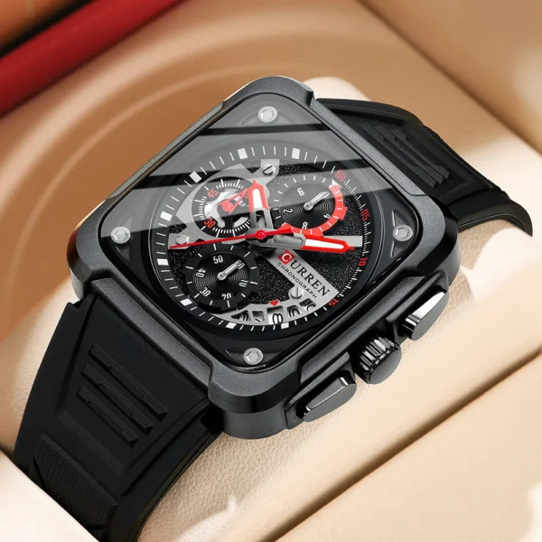 CURREN Men's Watches Brand Sporty Unique Square Dial with Chronograph Male Quartz Wristwatch with Silicone strap Waterproof