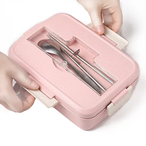 Microwave Lunch Box Wheat Straw Dinnerware with Spoon Chopsticks Food Storage Container Children Kids School Office Bento Box - Image 2