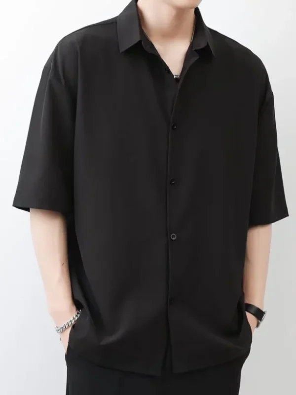 Summer Thin Ice Silk Short Sleeve Shirt Men Trendy Simple Pure Color Loose Casual Top Black White Gray Teens Adults