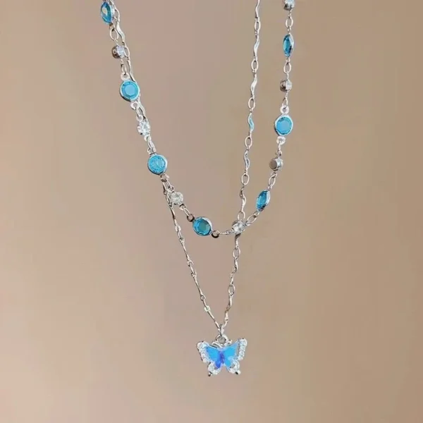 LATS Romantic Blue Crystal Butterfly Necklace for Women Girls Simple Shiny Zircon Bilayer Choker Clavicle Chain New Fine Jewelry - Image 6