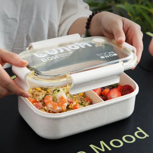 1100ml Wheat Straw Lunch Box, Student Lunch Box, Sealed/Divided Lunch Box with Tableware, Can be Microwave Heated - Image 2