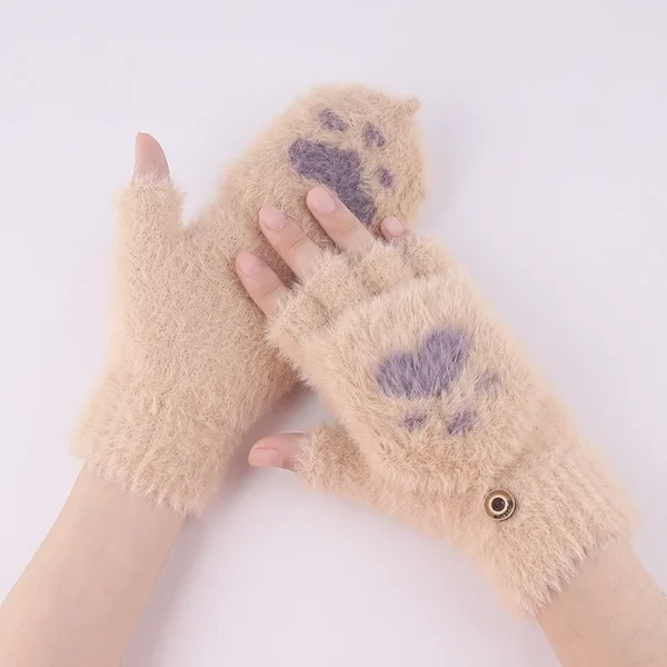 Thicken Women Warm Cat Gloves Fashion Girls Cat Claw Paw Plush Mittens Soft Plush Short Fingerless Half Finger Winter Gloves - Image 5