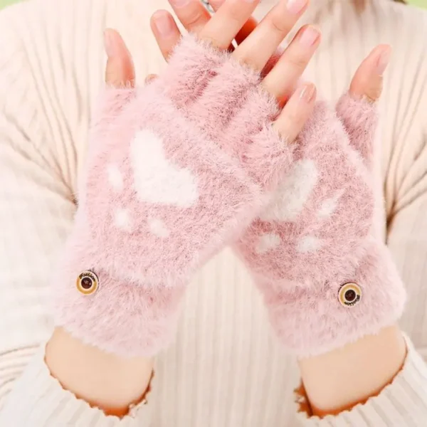 Thicken Women Warm Cat Gloves Fashion Girls Cat Claw Paw Plush Mittens Soft Plush Short Fingerless Half Finger Winter Gloves - Image 8