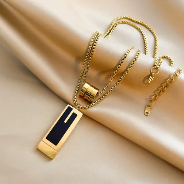 LATS Double-layer Square Pendant Stainless Steel Necklace for Womens Gold Color Exquisite Sweater Chain 2023 New Fashion Jewelry