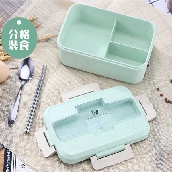 Microwave Lunch Box Wheat Straw Dinnerware with Spoon Chopsticks Food Storage Container Children Kids School Office Bento Box - Image 6