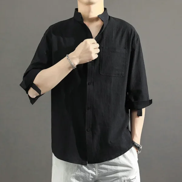 2023 Summer Cotton Linen Shirt 3/4 Sleeves Men's Thin Style Japanese Factory Wholesale Loose Fit European Collar Men's Shirt - Image 5