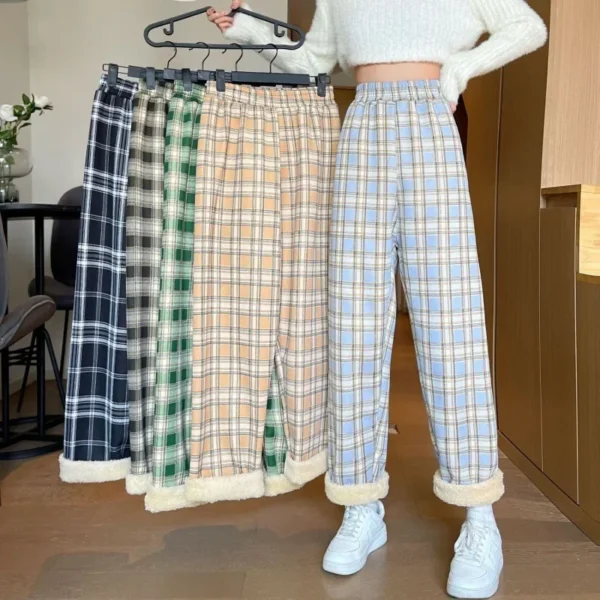 Winter High-waisted Fleece-lined Thickened Plaid Women's Casual Pants Warm Trousers For Tall Women