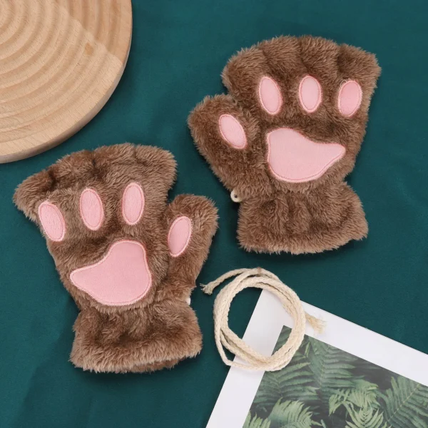 Lovely Plush Cat Claw Paw Gloves Plush Mittens Warm Soft Plush Short Fingerless Fluffy Bear Gloves Costume Half Finger Gloves - Image 7