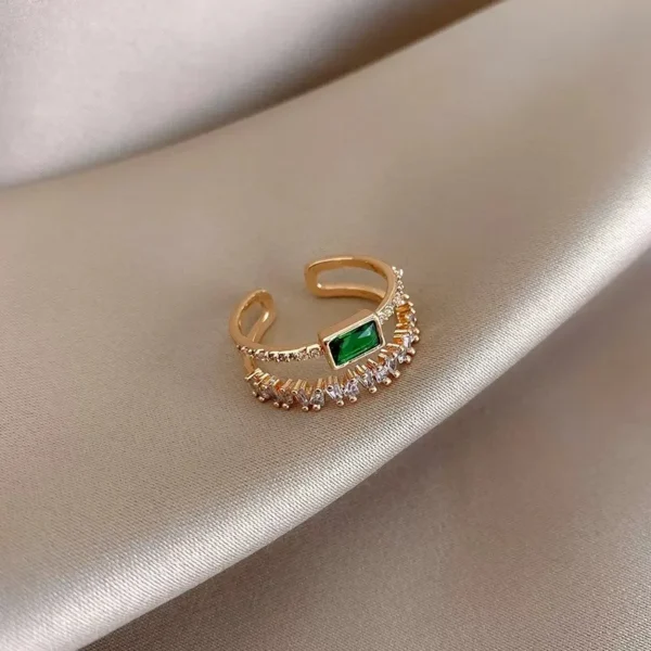 LATS Luxury Green Zircon Gold Color Double Open Rings for Woman 2022 New Fashion Goth Finger Jewelry Wedding Party Sexy Ring - Image 2