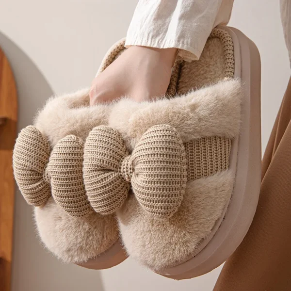 Women Fashion Plush Warm Bows Cotton Slippers Couple Winter New Thick Soft Sole Slides Men Indoor Floor Flat Home Non-slip Shoes