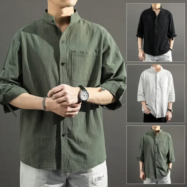 2023 Summer Cotton Linen Shirt 3/4 Sleeves Men's Thin Style Japanese Factory Wholesale Loose Fit European Collar Men's Shirt