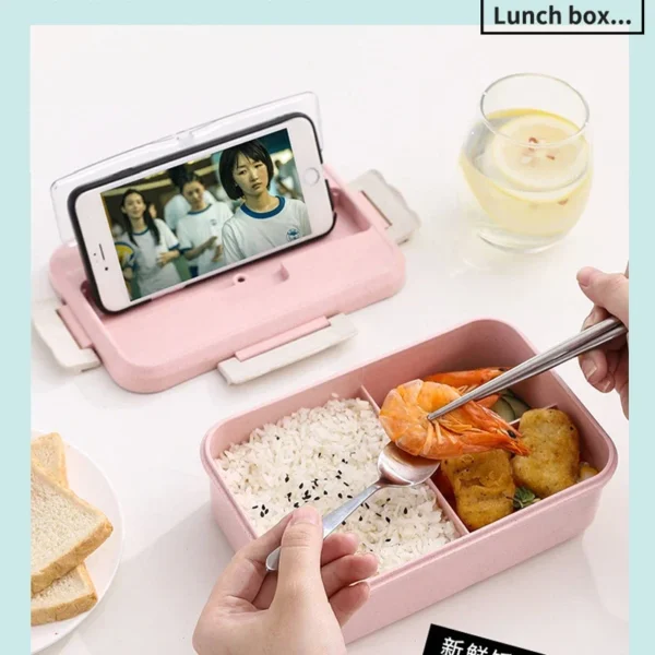 Microwave Lunch Box Wheat Straw Dinnerware with Spoon Chopsticks Food Storage Container Children Kids School Office Bento Box - Image 5