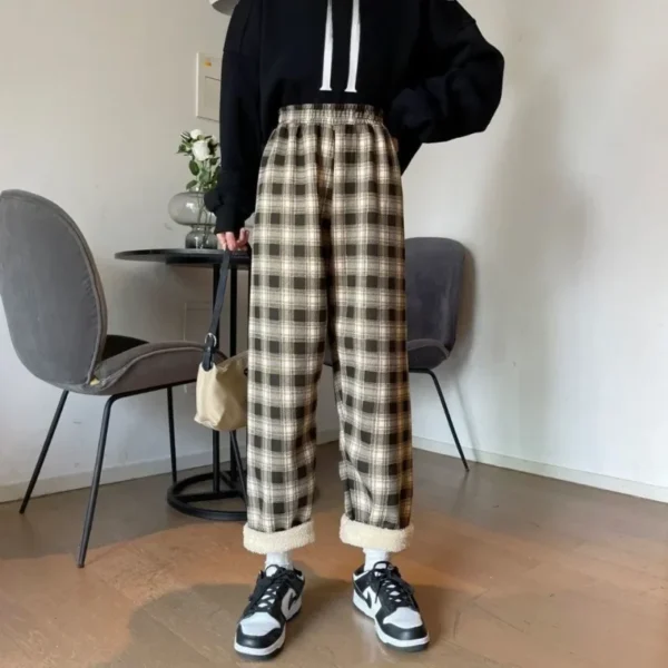 Winter High-waisted Fleece-lined Thickened Plaid Women's Casual Pants Warm Trousers For Tall Women - Image 9