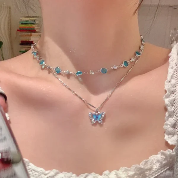 LATS Romantic Blue Crystal Butterfly Necklace for Women Girls Simple Shiny Zircon Bilayer Choker Clavicle Chain New Fine Jewelry