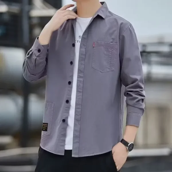 Men's Spring Casual Loose-fit Solid Color Workwear Shirt Jacket Trendy Streetwear For Teens - Image 4