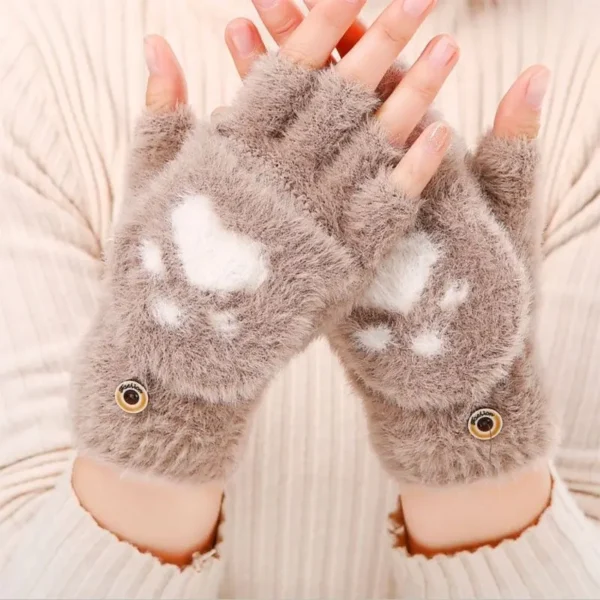 Thicken Women Warm Cat Gloves Fashion Girls Cat Claw Paw Plush Mittens Soft Plush Short Fingerless Half Finger Winter Gloves - Image 7