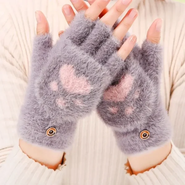 Thicken Women Warm Cat Gloves Fashion Girls Cat Claw Paw Plush Mittens Soft Plush Short Fingerless Half Finger Winter Gloves - Image 11