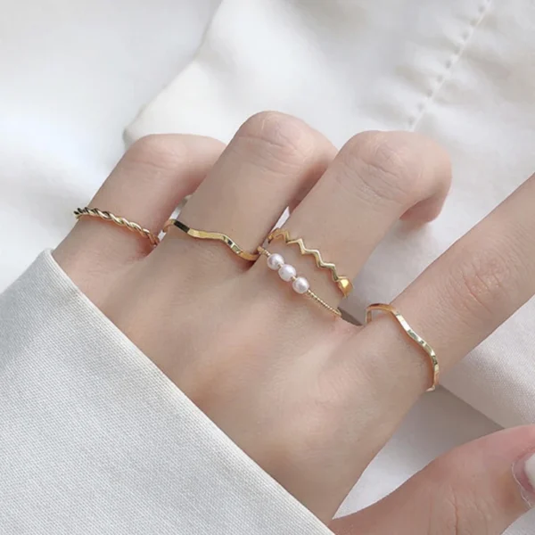 5pcs/set Rings for Women Simple Three Pearl Wavy Metal Twist Combination Joint Ring Trendy Personality Golden Party Jewelry Gift - Image 3