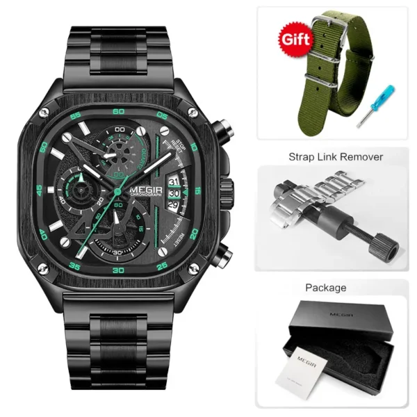 MEGIR Black Quartz Watch Men Waterproof Square Dial Wristwatch with Chronograph Stainless Steel Strap Luminous Hands Auto Date - Image 8