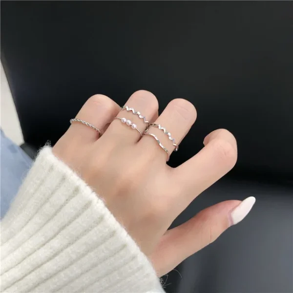 5pcs/set Rings for Women Simple Three Pearl Wavy Metal Twist Combination Joint Ring Trendy Personality Golden Party Jewelry Gift - Image 8