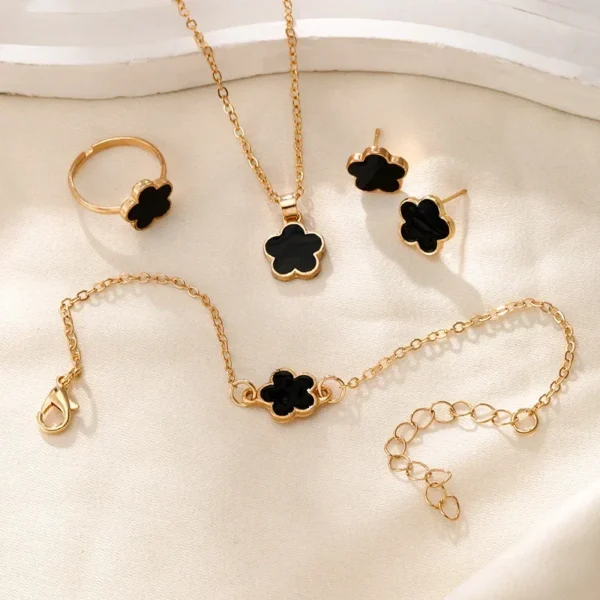 New Romantic 5 Flower Petal Pendant Necklace Set for Women Girls Stud Earring Bracelet Ring Combination Jewelry Party Gifts