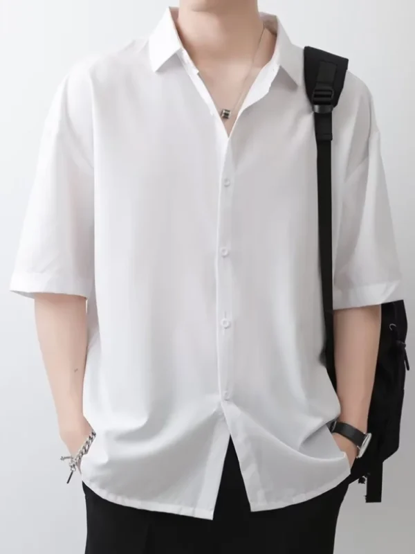 Summer Thin Ice Silk Short Sleeve Shirt Men Trendy Simple Pure Color Loose Casual Top Black White Gray Teens Adults - Image 4