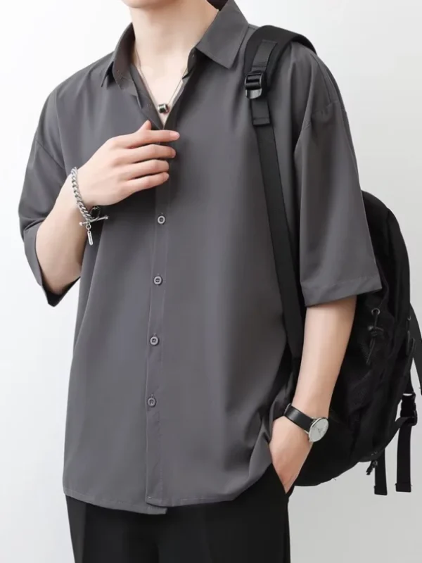 Summer Thin Ice Silk Short Sleeve Shirt Men Trendy Simple Pure Color Loose Casual Top Black White Gray Teens Adults - Image 6