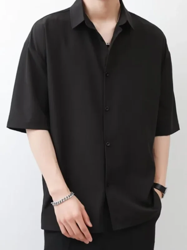 Summer Thin Ice Silk Short Sleeve Shirt Men Trendy Simple Pure Color Loose Casual Top Black White Gray Teens Adults - Image 3