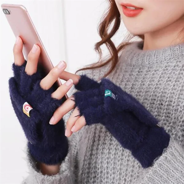 Winter Rabbit Fur Mittens Women Warm Gloves Feamle Girls Flip Plush Glove Fingerless Thicken Warm Mitten Work Gloves Half Finger - Image 2