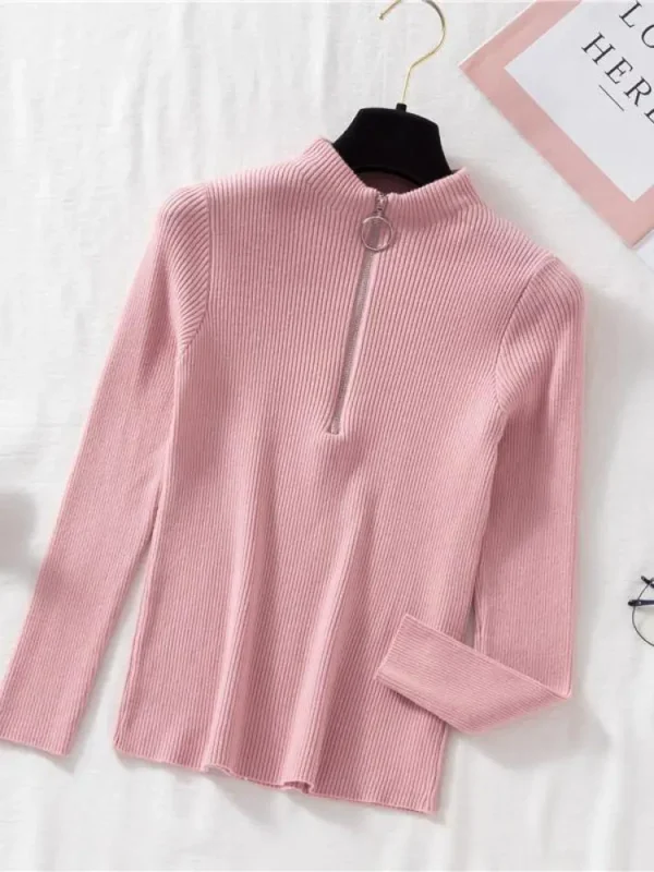 Women Fashion Solid Knitted Sweaters Vintage Long Sleeve Zip-up Basic Half Turtleneck Sweater Female Pullovers Chic Casual Tops - Image 14