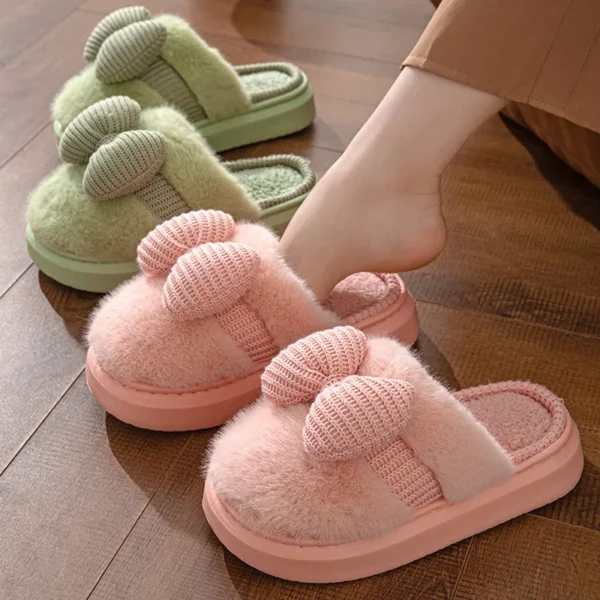 Women Fashion Plush Warm Bows Cotton Slippers Couple Winter New Thick Soft Sole Slides Men Indoor Floor Flat Home Non-slip Shoes - Image 2