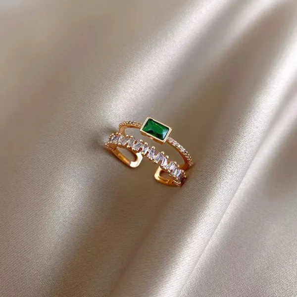 LATS Luxury Green Zircon Gold Color Double Open Rings for Woman 2022 New Fashion Goth Finger Jewelry Wedding Party Sexy Ring