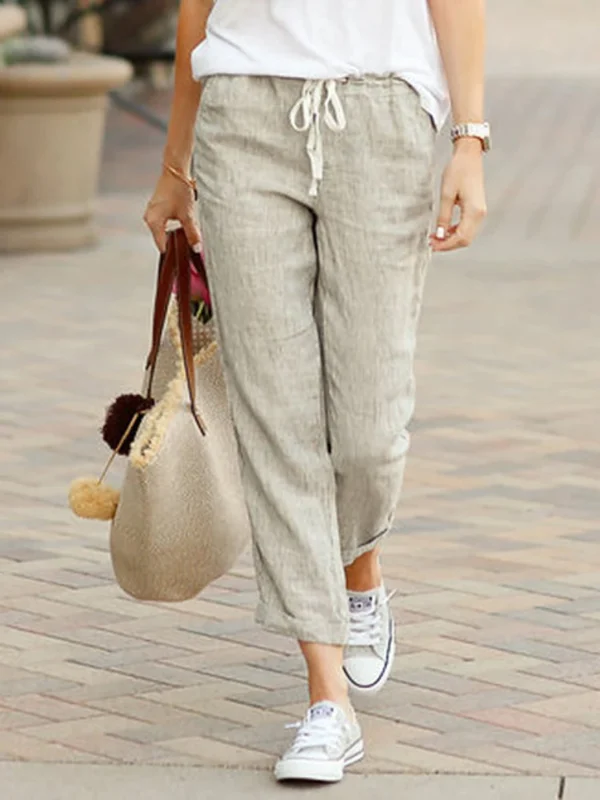 Women Cotton Linen Wide Leg Pants Summer Female Elastic Waist Drawstring Solid Loose Trousers JYFS-1616