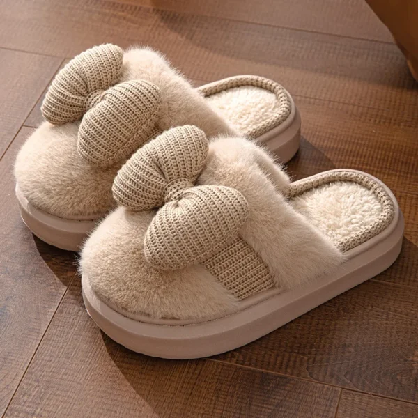 Women Fashion Plush Warm Bows Cotton Slippers Couple Winter New Thick Soft Sole Slides Men Indoor Floor Flat Home Non-slip Shoes - Image 4