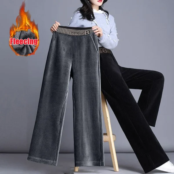 Fleecing Plush Thick Warm Letter Stripes High Waist Corduroy Straight OL Wide Leg Long Pant Women Winter Casual Trouser Clothing