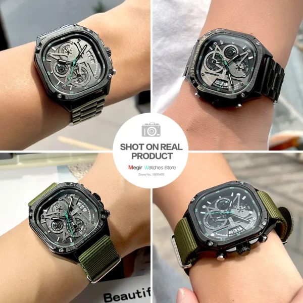 MEGIR Black Quartz Watch Men Waterproof Square Dial Wristwatch with Chronograph Stainless Steel Strap Luminous Hands Auto Date - Image 3