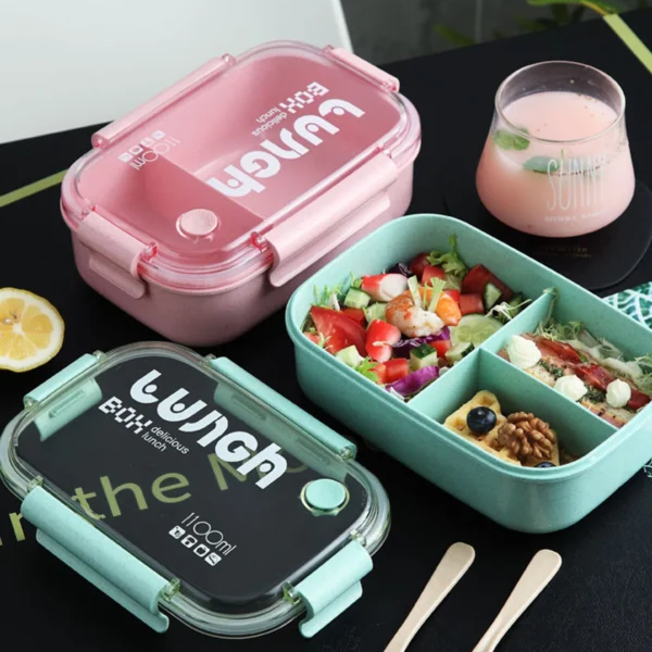 1100ml Wheat Straw Lunch Box, Student Lunch Box, Sealed/Divided Lunch Box with Tableware, Can be Microwave Heated