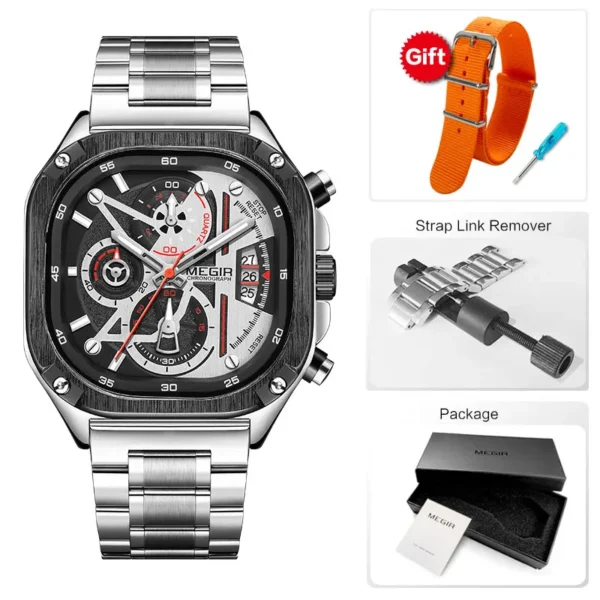 MEGIR Black Quartz Watch Men Waterproof Square Dial Wristwatch with Chronograph Stainless Steel Strap Luminous Hands Auto Date - Image 7