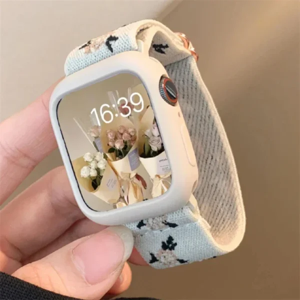 Retro Flower Strap+Case For  Watch Band 49mm 40mm 44mm 45mm 41mm 38 42mm Elastic Nylon Band For iWatch Serie 3 4 5 6 SE 7 8 - Image 3