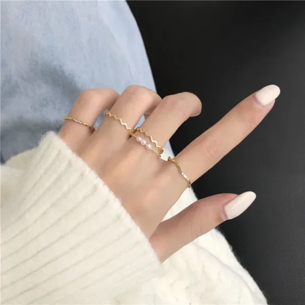 5pcs/set Rings for Women Simple Three Pearl Wavy Metal Twist Combination Joint Ring Trendy Personality Golden Party Jewelry Gift - Image 7